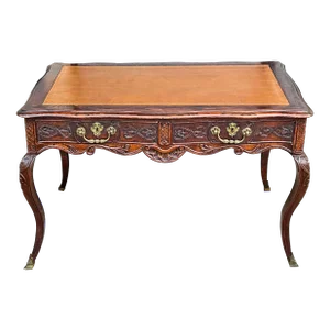 18th-C. French Louis XV Style Carved Oak Tooled Leather & Bronze Writing Desk / Table