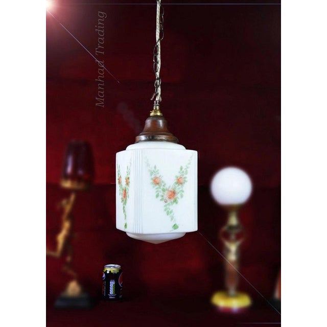 Art Deco Bronze and Hand-Painted Opaline Skyscraper Pendant Light, 1940s For Sale - Image 3 of 13