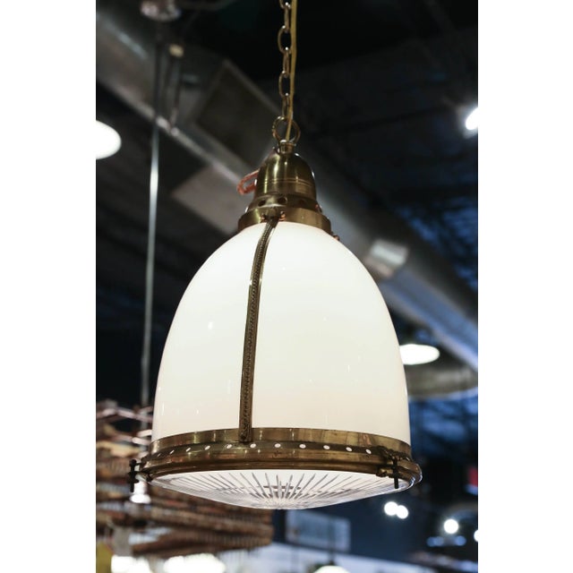 Antique Opaline Pendant Light with Clear Etched Glass and Capped with Brass For Sale - Image 4 of 5
