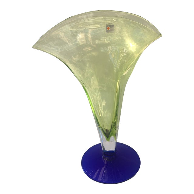 Blenko Art Glass Art Deco Fan Shape Two Tone Color of Deep Sapphire Blue & Light Green Vase For Sale