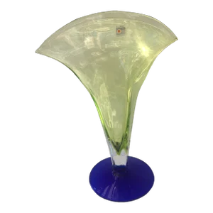 Blenko Art Glass Art Deco Fan Shape Two Tone Color of Deep Sapphire Blue & Light Green Vase