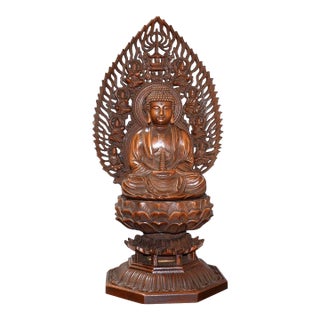 Vintage Asian Boxwood Hand-Carved Shakyamuni Buddha Sculpture For Sale
