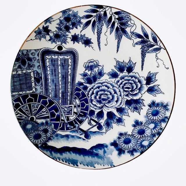 Vintage Large Chinoiserie Japanese Arita Ware White and Blue Porcelain Charger / Wall Plate Rickshaw Japan For Sale - Image 12 of 12
