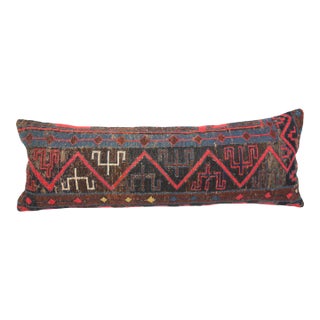 Handmade Flatweave Embroidery Caucasian Soumak Lumbar Pillow Cover -14'' X 38'' For Sale