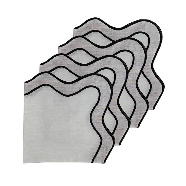 Handmade Wave Scalloped Napkins with Double Embroidered Trim, White - Set of 4 For Sale