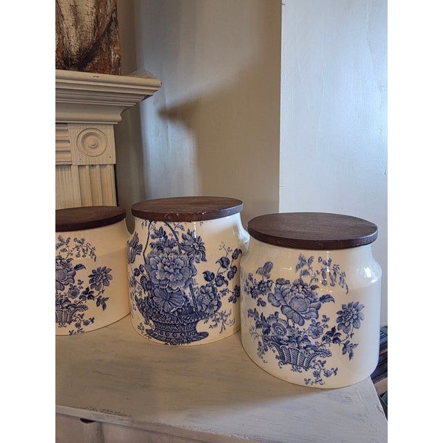 Four Vintage English Blue and White Storage Canisters For Sale - Image 16 of 17