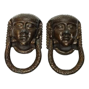 Pair of Neoclassical 19th Century Egyptian Sphinx Mask Exterior Front Door Knockers