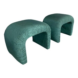 1980s Waterfall Benches in a Green Moire Fabric in the Style of Karl Springer - a Pair For Sale