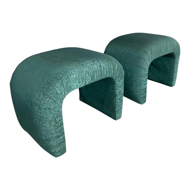 1980s Waterfall Benches in a Green Moire Fabric in the Style of Karl Springer - a Pair For Sale