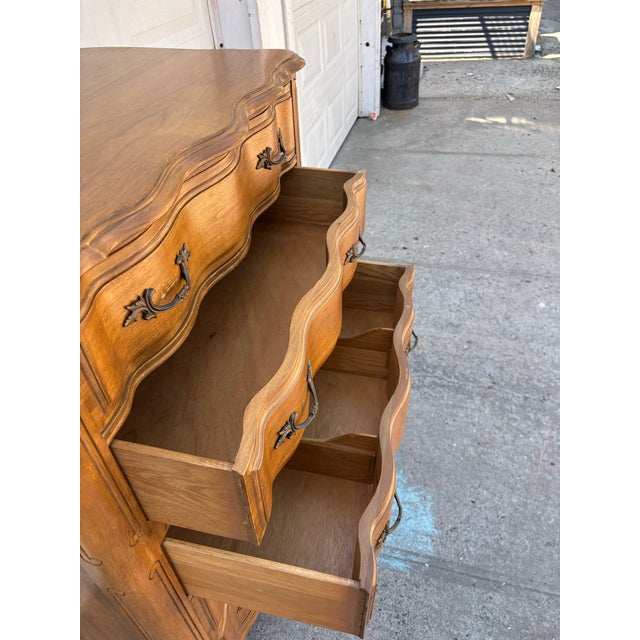 French Provincial Dresser Chest | Louis XV Style Serpentine Dresser | Vintage Wooden Tallboy Chest | Traditional Bedroom Storage Furniture For Sale - Image 10 of 11