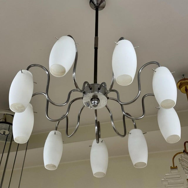 Modernist 9-Light Scenographic Chandelier in Glass and Steel, 1970s For Sale - Image 3 of 10