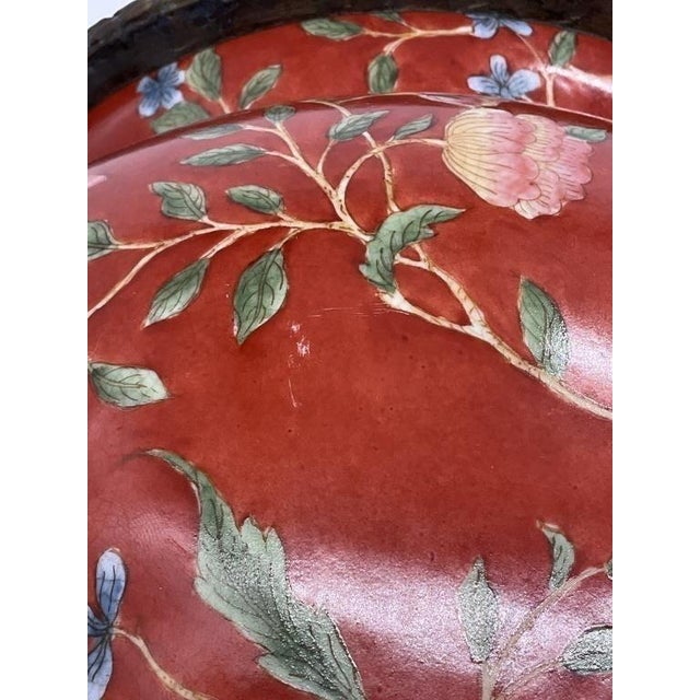 Late 20th Century Large Chinese Porcelain Jardiniere Chinoiserie Planter Ornate Cast Metal Handles Coral Floral Cachepot For Sale - Image 5 of 9