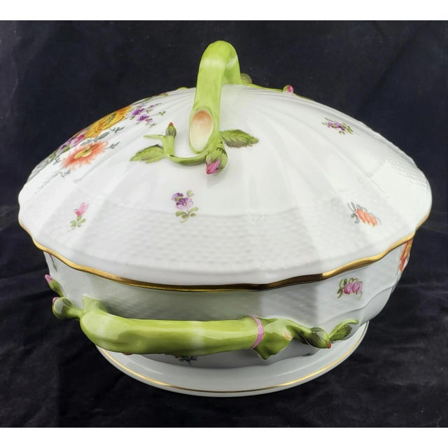 Metal Vintage Herend Hungary Bouquet De Flowers Large Tureen Branch Lid Handle For Sale - Image 7 of 13