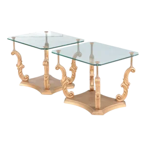 1980s Mid-Century Modern Gold Rosette Rococo Style Metal-Mounted Giltwood and Glass Side End Tables 2- a Pair