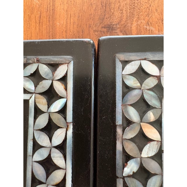 Shell Set of Four Chinese Japonisme Black Lacquer Panels With Dimensional Mother-of-Pearl Inlay, Figural Pastoral Scenes For Sale - Image 7 of 12