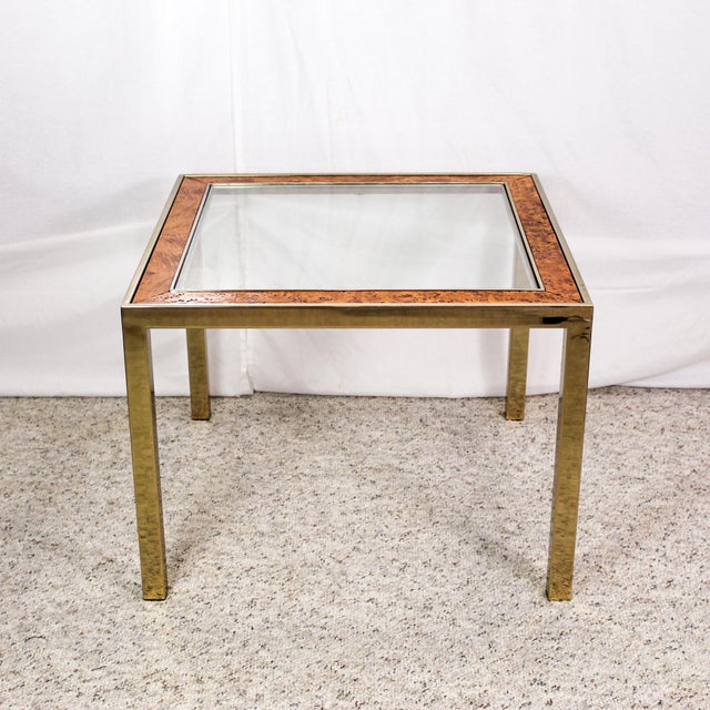 Wood 1960s Mid Century Modern Burl Wood & Brass Square Side Table With Glass Top, Manner of Mastercraft For Sale - Image 7 of 7