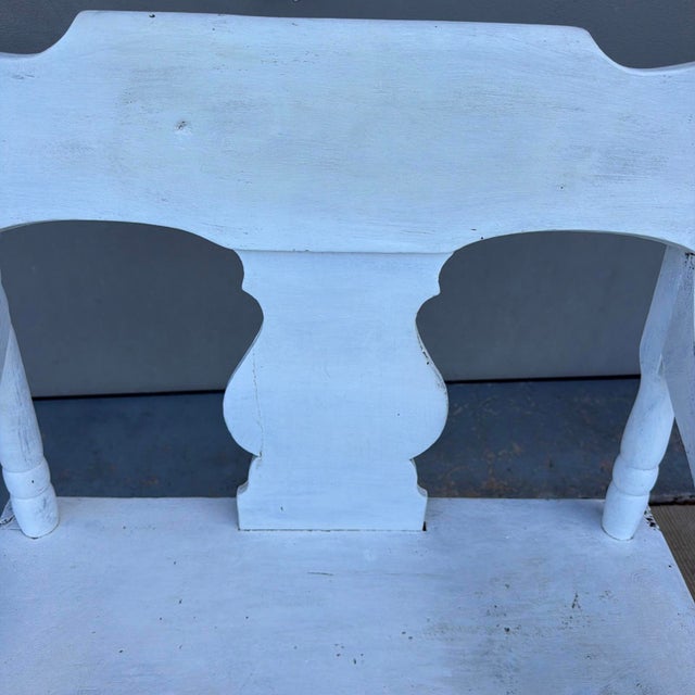 Antique White Painted Plank Seat Arm Chair, Pennsylvania, Circa 1860-1880 A charming rustic plank-seat armchair with...