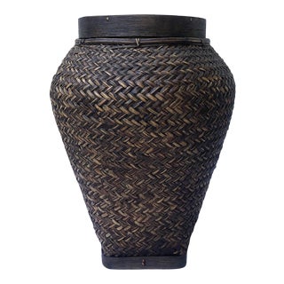 Mid 20th Century Herringbone Rattan Basket with Lid For Sale