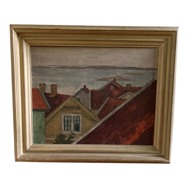 Vintage Swedish Original Oil Painting - Village by the Sea For Sale