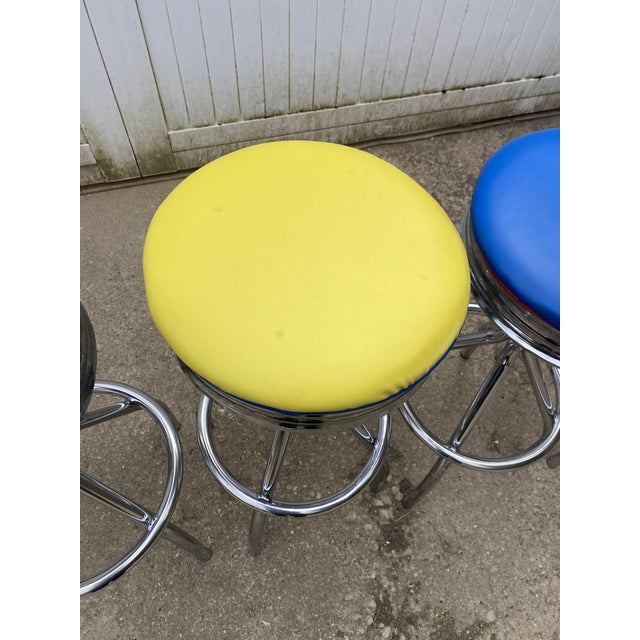 Vintage Blue, Red, Orange, and Yellow Swivel Bar Stools, 1990s, Set of 5 For Sale - Image 11 of 18