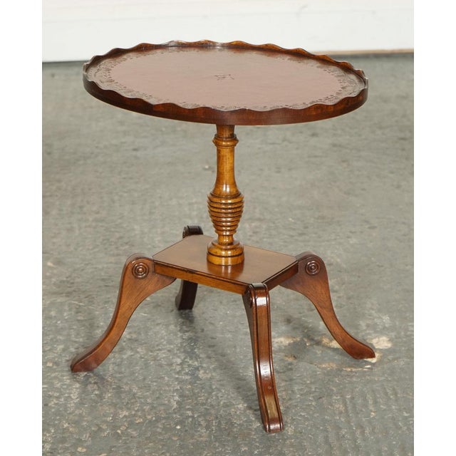 Vintage Yew Wood Burgundy Leather Top Side Table with Pie Crust For Sale - Image 4 of 11