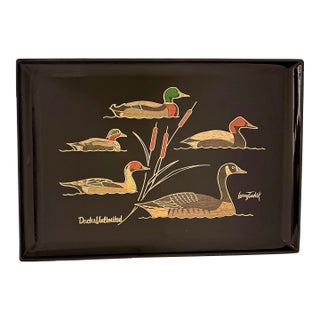 Rare Classic Vintage Mid-Century Modern Couroc of Monterey, Ca ‘Ducks Unlimited’ Tray Designed by Larry Toschik With 5 Varieties of Coastal Ducks For Sale