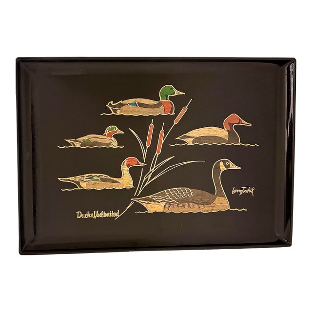 Rare Classic Vintage Mid-Century Modern Couroc of Monterey, Ca ‘Ducks Unlimited’ Tray Designed by Larry Toschik With 5 Varieties of Coastal Ducks For Sale