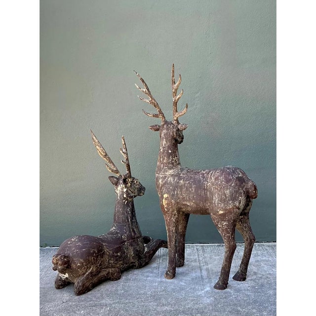 Vintage Carved Wood Deer Sculptures - Pair For Sale - Image 10 of 12