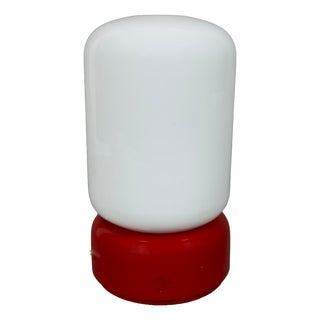 Space Age White Opal Glass Capsule Table Lamp with Red Wood Base, 1970s For Sale