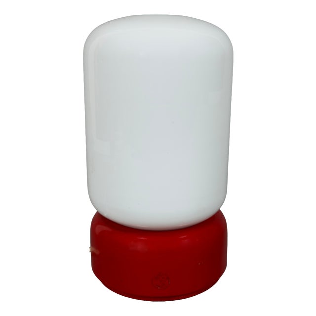 Space Age White Opal Glass Capsule Table Lamp with Red Wood Base, 1970s For Sale