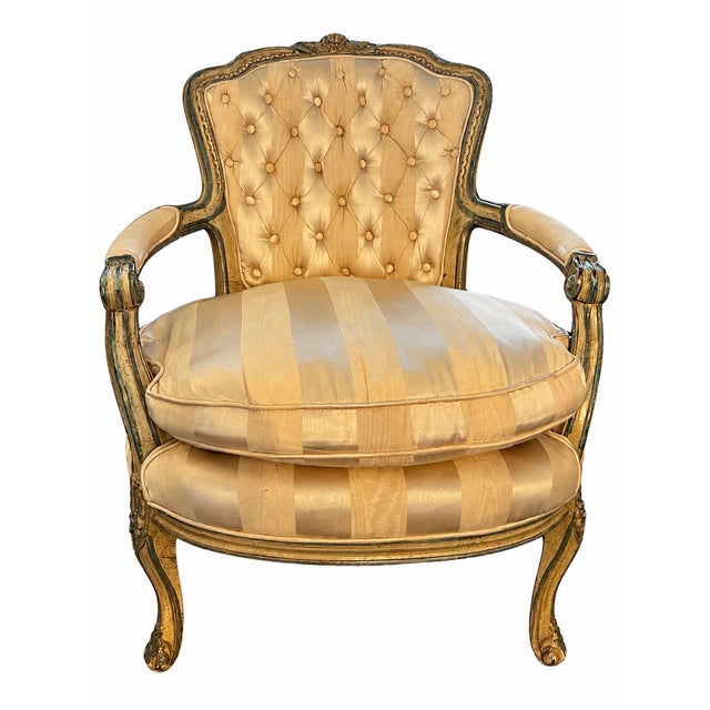 Louis XV–Style Gold Tufted Armchair With Coordinating Damask Fringed Footstool For Sale - Image 9 of 13