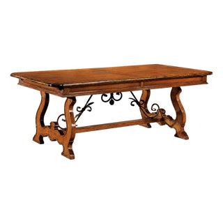 Italian Rustic Walnut Extension Trestle Dining Table With Iron Detail For Sale