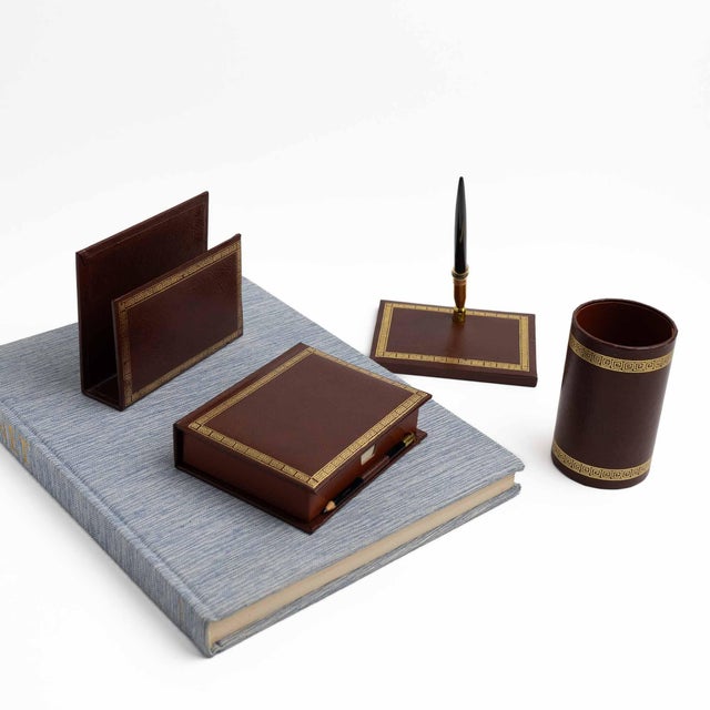 Animal Skin Vintage Brown Leather Desk Accessory Set - 4 Pieces For Sale - Image 7 of 13
