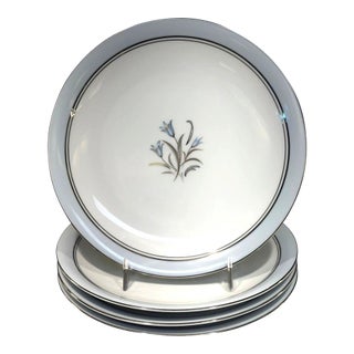Noritake Bluebell 5558 Salad Luncheon Plates 8" Blue Silver Trim Set of 4 For Sale