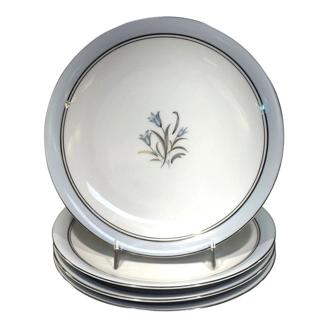 Noritake Bluebell 5558 Salad Luncheon Plates 8" Blue Silver Trim Set of 4 For Sale