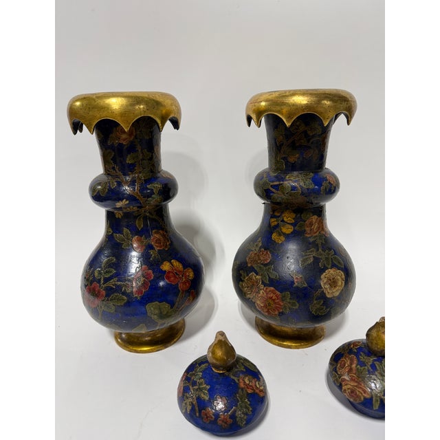 Blue Pair, 19th Century English Brighton Pavilion Style Decoupage & Gilt Wood Vases For Sale - Image 8 of 9