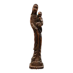 Vintage Spanish Madonna & Child Hand Carved Wood Figurine Wall Sculpture
