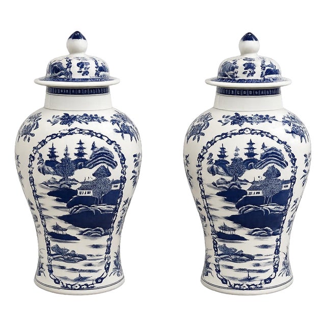 1990s Pair of Large Blue & White Chinoiserie Porcelain Ginger Jars With Lids For Sale