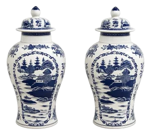 1990s Pair of Large Blue & White Chinoiserie Porcelain Ginger Jars With Lids