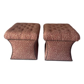 1990s Pair of Leopard Print Tufted Nailhead Storage Ottoman Stools For Sale