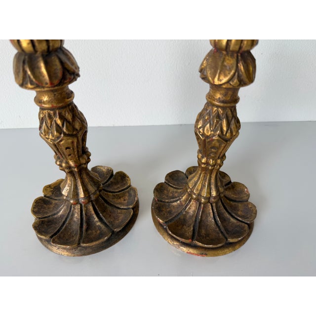Vintage Italian Florentine Gilt Carved Wood Candleholders – A Pair For Sale - Image 4 of 8