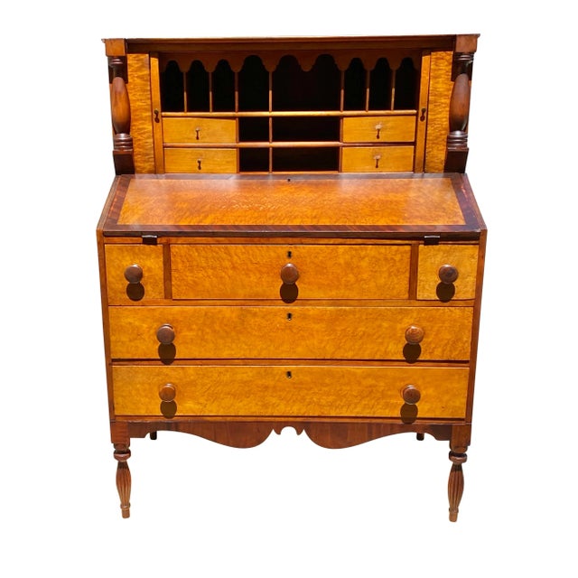 Antique Sheraton Birds Eye Maple & Cherry Vermont Tambour Secretary Desk For Sale - Image 4 of 12