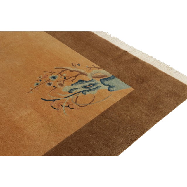 1920s 1920s Antique Chinese Art Deco Rug in Gold, Beige-Brown & Blue Floral Patterns For Sale - Image 5 of 7