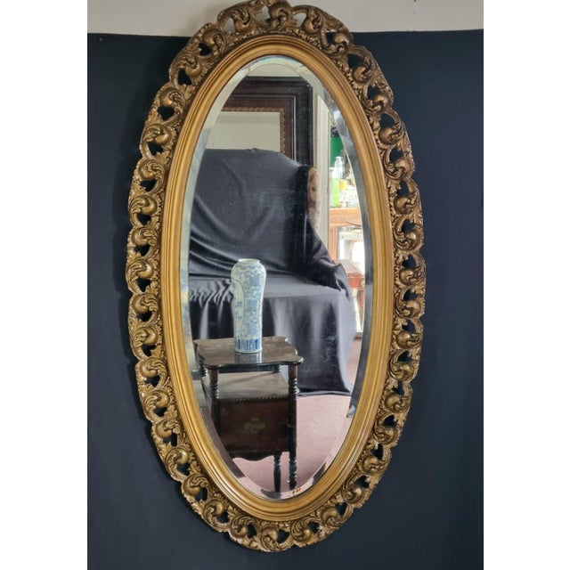1900 - 1909 Early 1900s French Style Hand Carved Gilded Oval Beveled Wall Mirror For Sale - Image 5 of 12