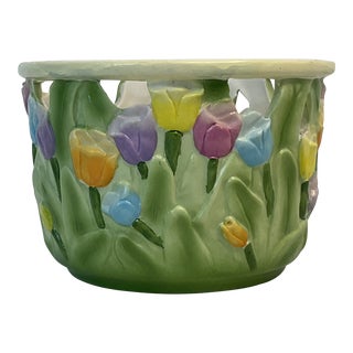 Vintage Hand Painted Tulips Ceramic Planter For Sale