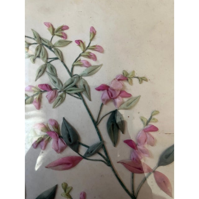 Textile Late 20th Century Large Signed Japanese Silk Ribbon Embroidery Framed 3D Floral Art For Sale - Image 7 of 8