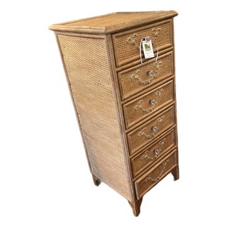 Nantucket Antique Wicker Multi Drawer Tall Chest Commode For Sale