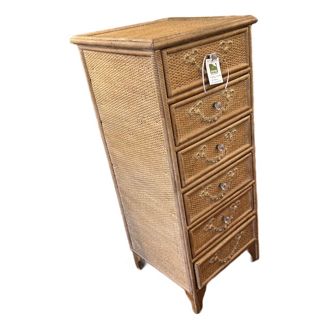 Nantucket Antique Wicker Multi Drawer Tall Chest Commode For Sale