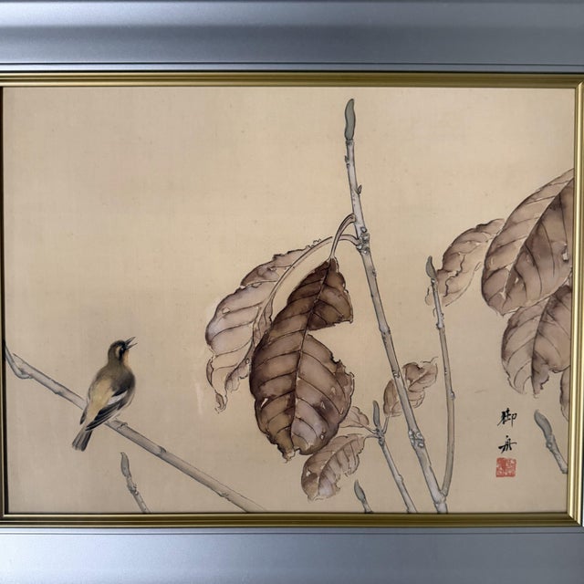 Mid-Century Modern Mimoto, Songbird, 1970s, Silk Painting, Framed For Sale - Image 3 of 11