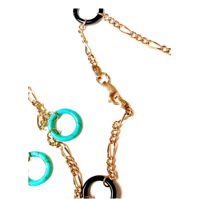 14k Yellow Gold Italian Onyx & Turquoise Circle Necklace 21" Length For Sale - Image 13 of 14